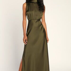 Lulus Classic Elegance Olive Satin Sleeveless Mock Neck Maxi Dress Green